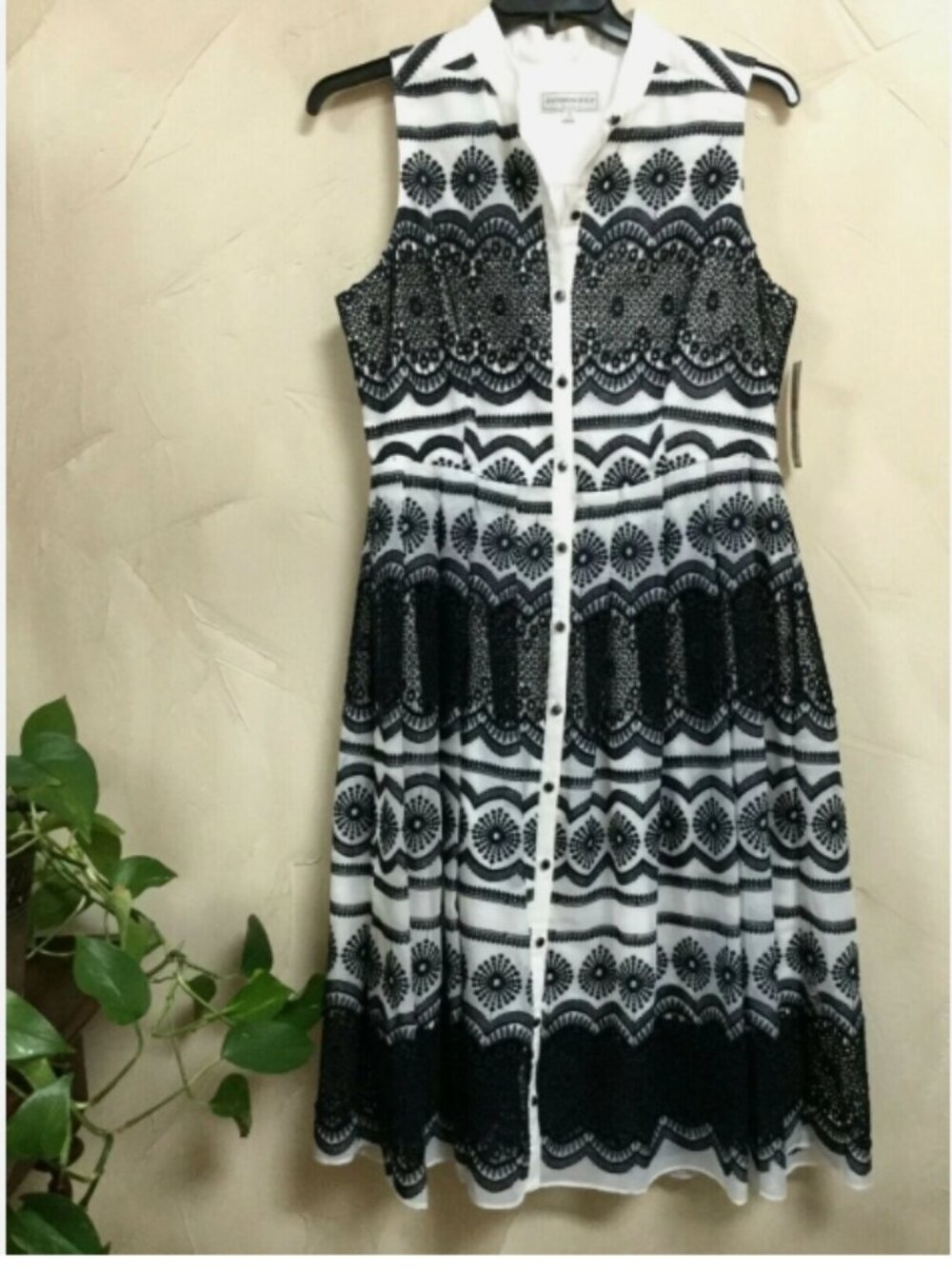 Katherine Kelly Women 12 Kody Dress Fit Flare Ivory Navy Midi Button Front $189